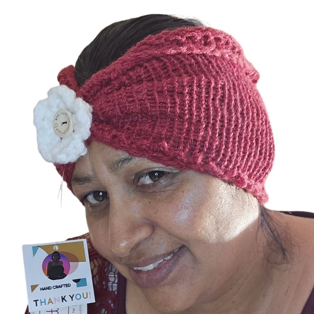 Hand Crafted 3 in 1 hair accessory crochet floral ear warmer Winter headband red - Picture 3 of 17